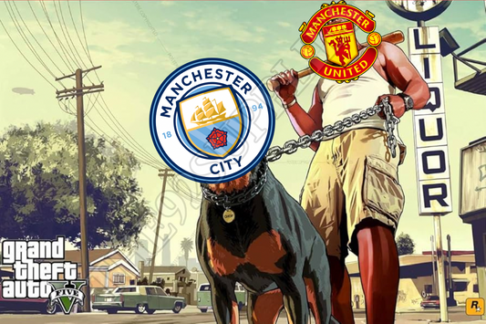 GTA themed Manchester City on lead held by United x8 - Manchester United