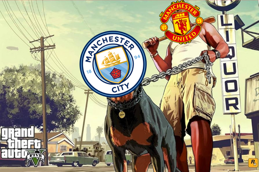GTA themed Manchester City on lead held by United - Manchester United